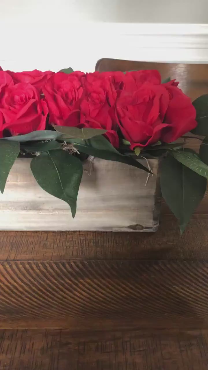 Kentucky Derby Red Rose Centerpiece for your festive celebration, long wooden box filled with red roses to use as decorations for your party