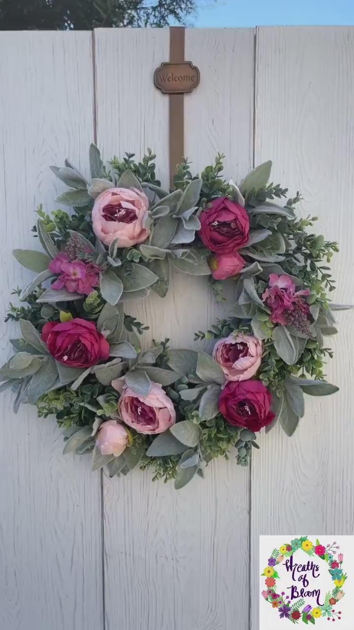 Spring front door wreath with lambs ear, peonies in pink, wedding shower decor, cottagecore, Housewarming Gift, Home Decor, Farmhouse decor