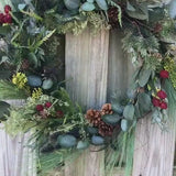 Rustic farmhouse wreath front door in a natural design. Unique evergreen wreath for nature lovers! Cottagecore interior wall and porch decor