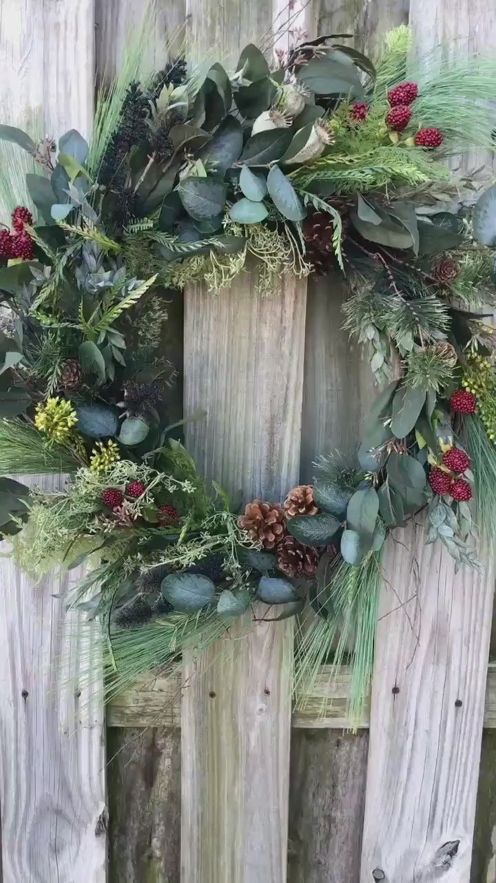 Rustic farmhouse wreath front door in a natural design. Unique evergreen wreath for nature lovers! Cottagecore interior wall and porch decor