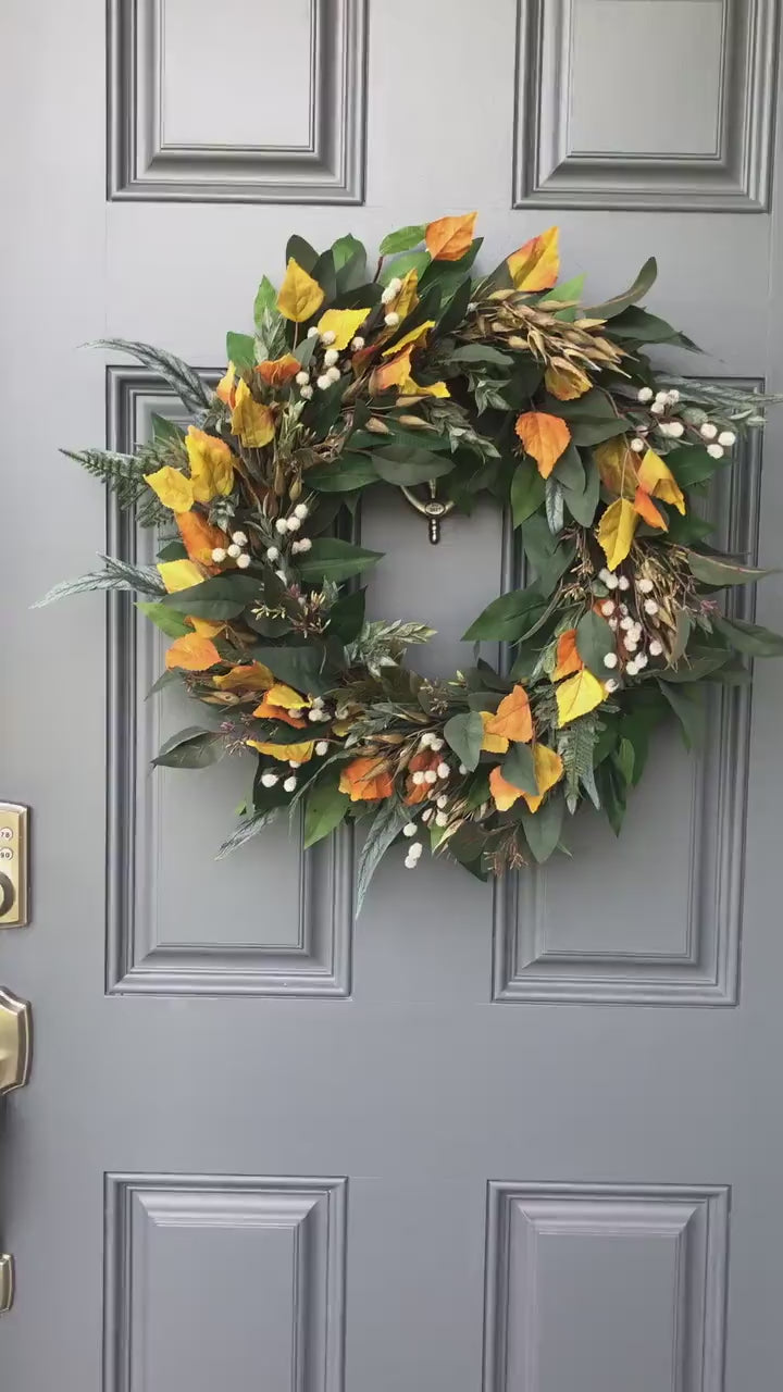 Fall eucalyptus greenery wreath with birch fall leaves, seeded pods and pussy willows, front door, Rustic, natural, Autumn, farmhouse wreath