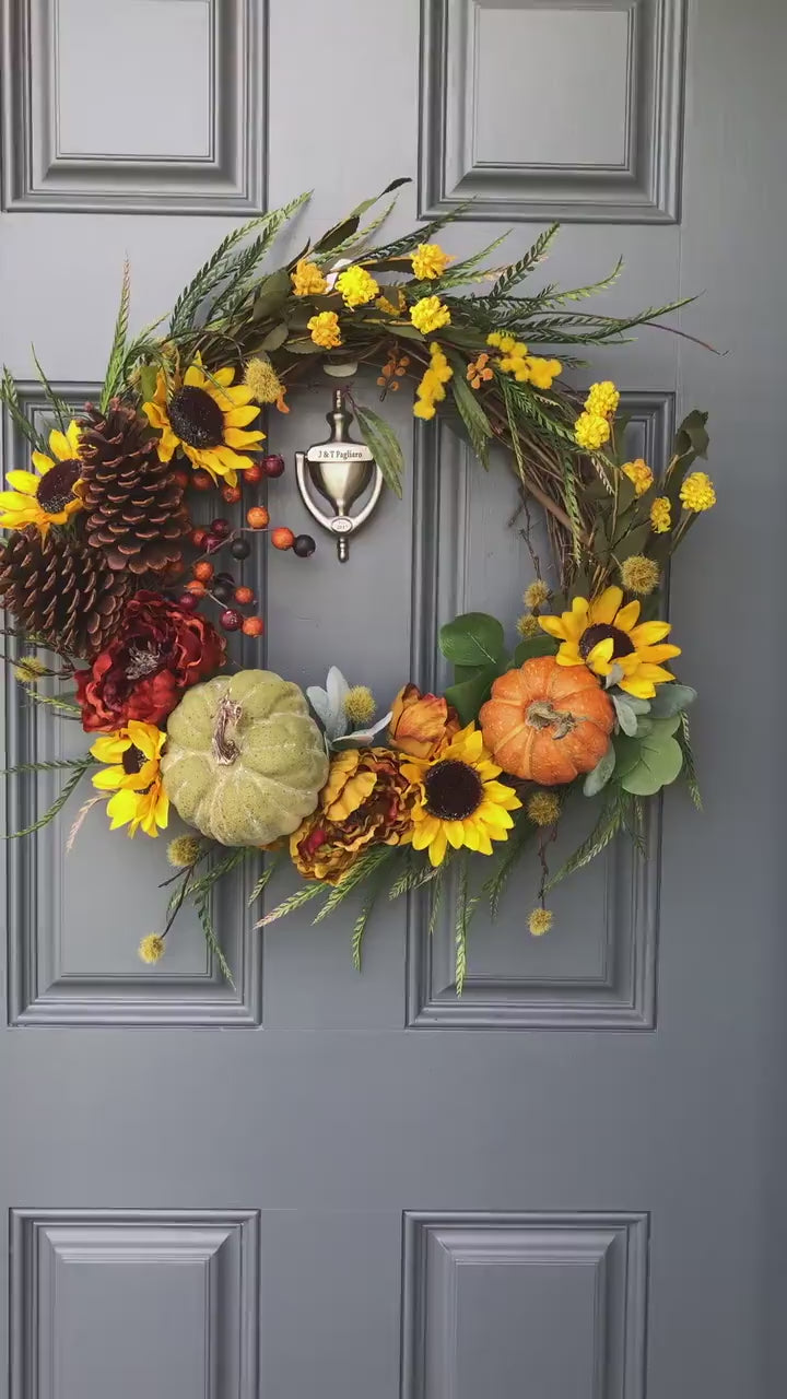Fall Wreath rustic front door, Farmhouse wreath, with 22”, Green 6” Pumpkin, Wreath for Front Door, Wreath, Orange Rust Wreath for Door,