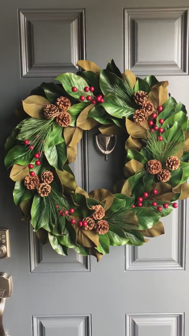 Magnolia Christmas Wreath For Front Door, Year Round Front Door Wreath, Winter Wreath Front Door, Farmhouse Wreath with pine and berries.