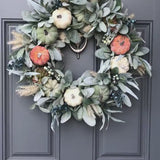 Fall lamb’s ear and pumpkin front door boho wreath, Autumn modern farmhouse wreath, Pumpkin rustic style wreath, Thanksgiving wreath,