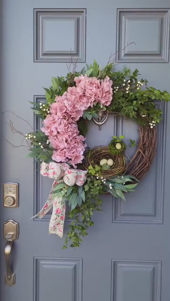 Front door spring wreath, Housewarming gift, Hydrangea wreath, Birds nest wreath, Mothers Day Gift, Unique Wreath