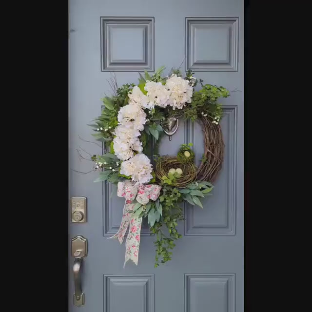 Spring wreath front door 22”, ivory hydrangea birds nest wreath, Rustic farmhouse wreath, cottage wall decor, wall decor