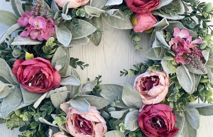 Spring front door wreath with lambs ear, peonies in pink, wedding shower decor, cottagecore, Housewarming Gift, Home Decor, Farmhouse decor