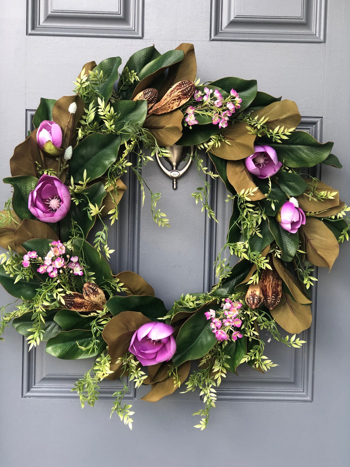 Magnolia Wreath Handmade Front Door, Wreath With Purple Magnolia’s And Pods, Farmhouse Wreath, Cottage core, Housewarming Gift,