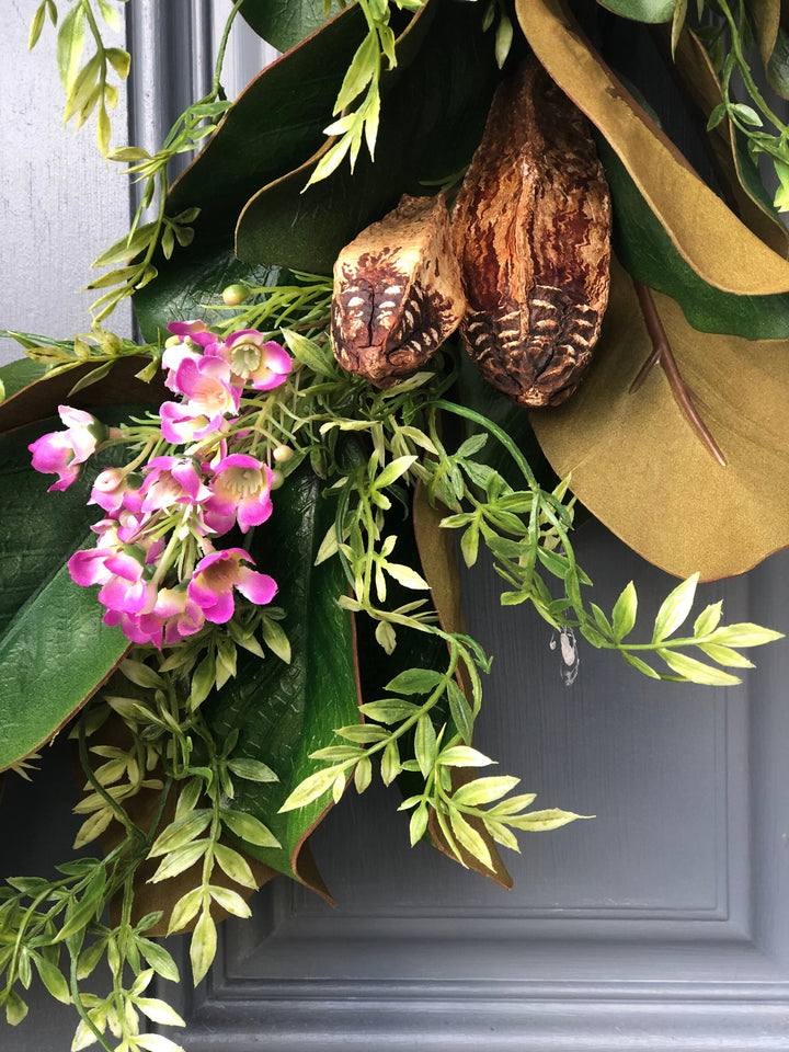 Magnolia Wreath Handmade Front Door, Wreath With Purple Magnolia’s And Pods, Farmhouse Wreath, Cottage core, Housewarming Gift,