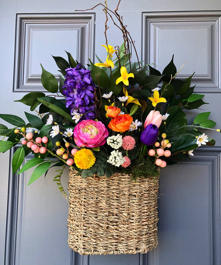 Front Door Spring Basket Magnolia, Ficus,Colorful Flowers basket, Welcome Basket Wreath, Birthday, Housewarming gift, Thank you gift