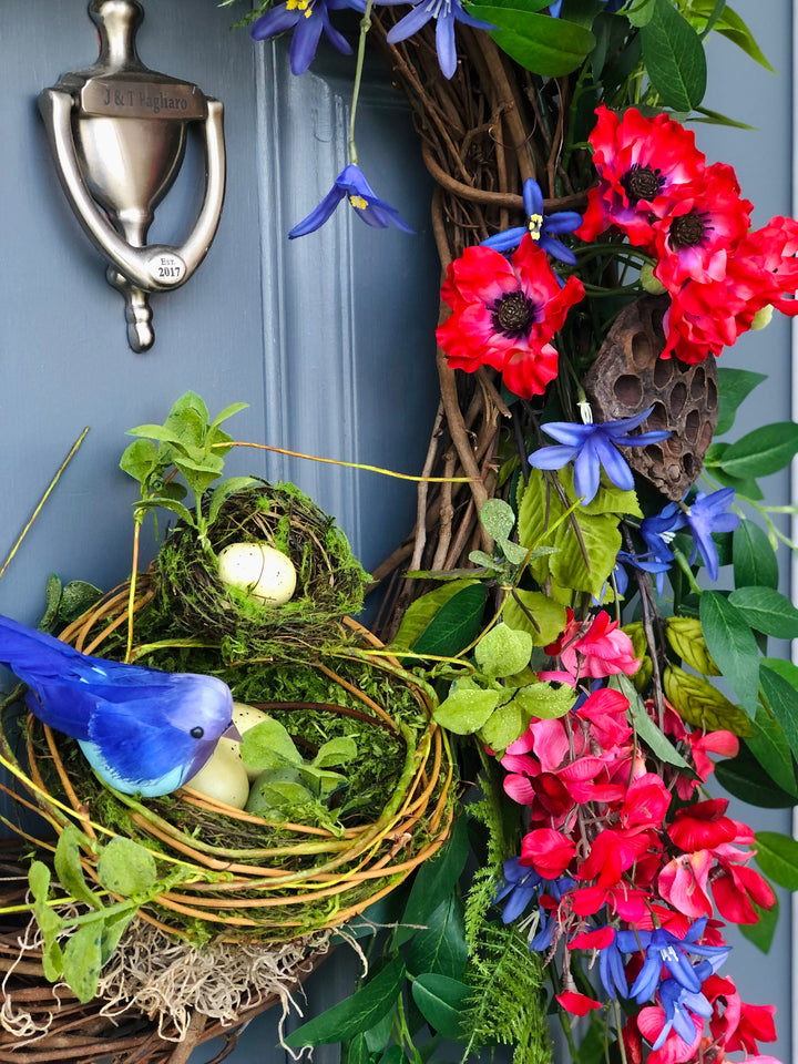 Bird Lovers Front Door Wreath With Nest, Front Porch Decor, Cottagecore, Red poppies and lavender mixed with greenery.