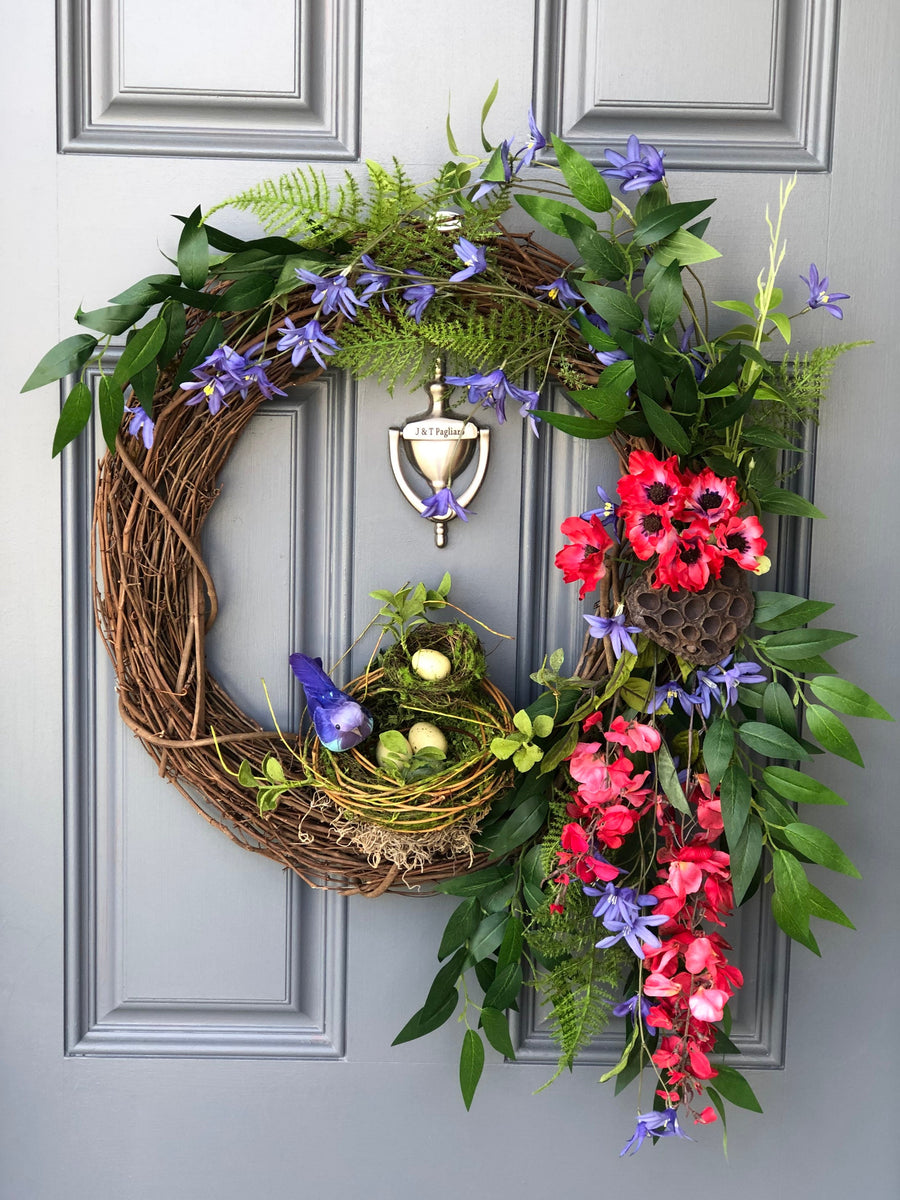 Bird Lovers Front Door Wreath With Nest, Front Porch Decor, Cottagecore, Red poppies and lavender mixed with greenery.