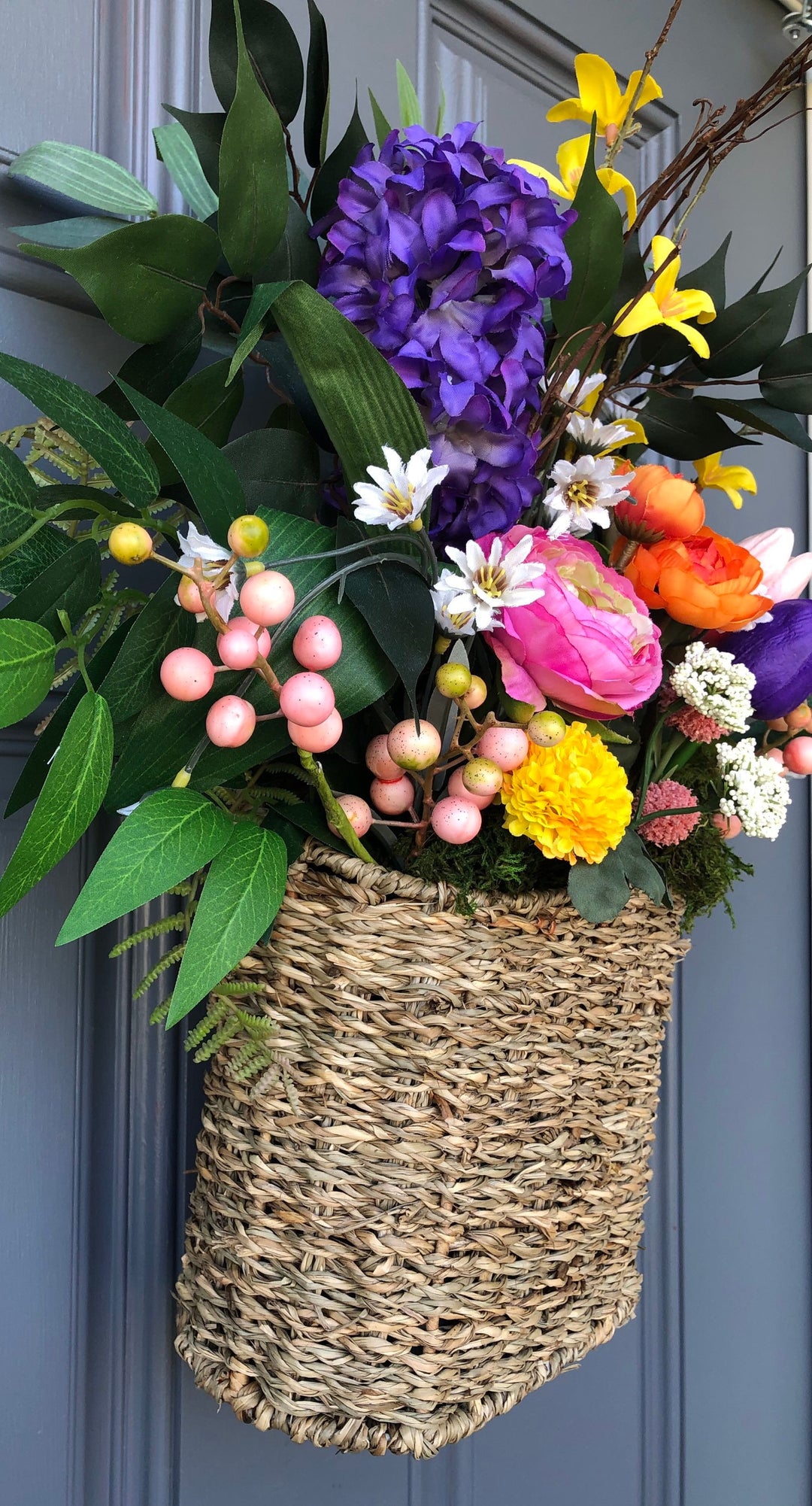 Front Door Spring Basket Magnolia, Ficus,Colorful Flowers basket, Welcome Basket Wreath, Birthday, Housewarming gift, Thank you gift