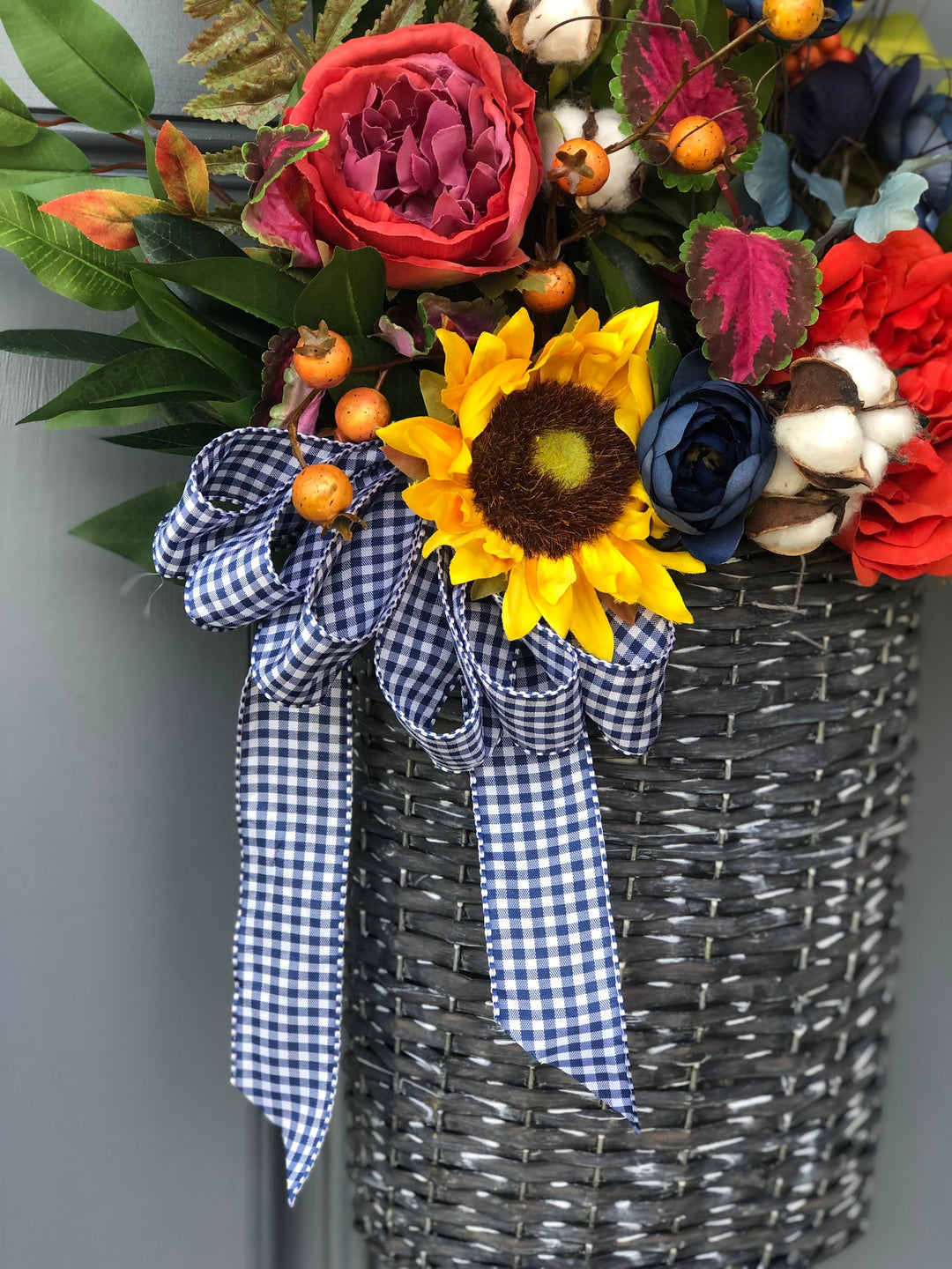Front door spring wreath Basket, 20x16x7 Wicker Basket porch, With A Mix Of Evergreen, Sunflowers, Cotton, Ranunculus, Berries, Bow