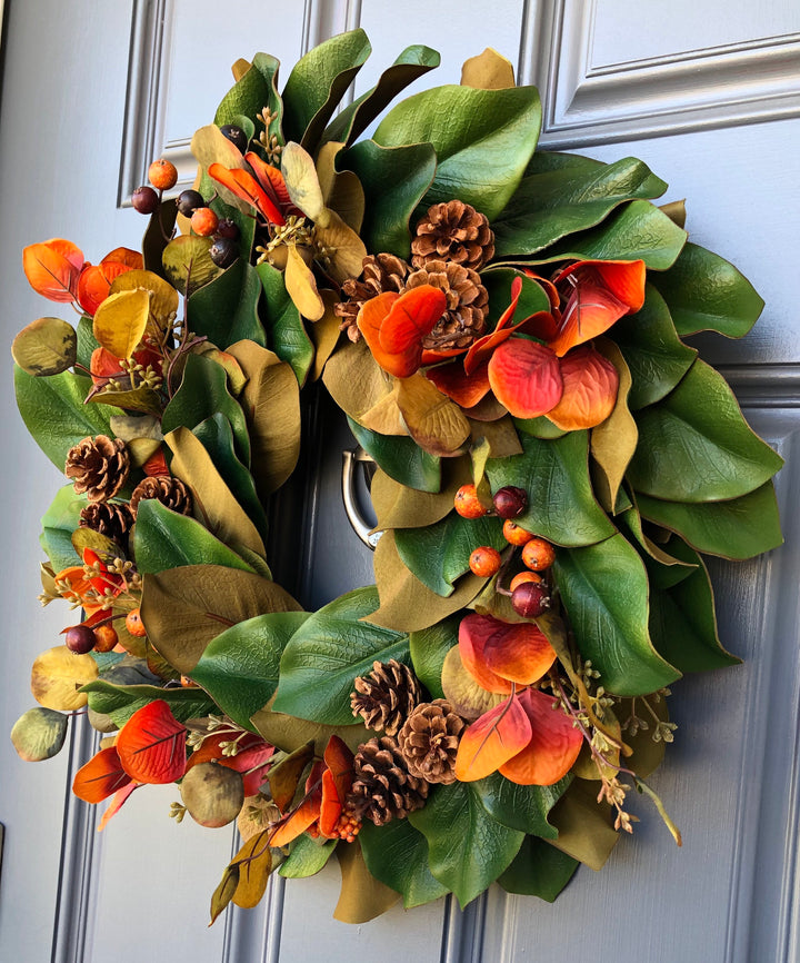 Magnolia fall front door wreath, Autumn magnolia wreath with berries, pinecones and fall eucalyptus, comes in two sizes 21” and 24”