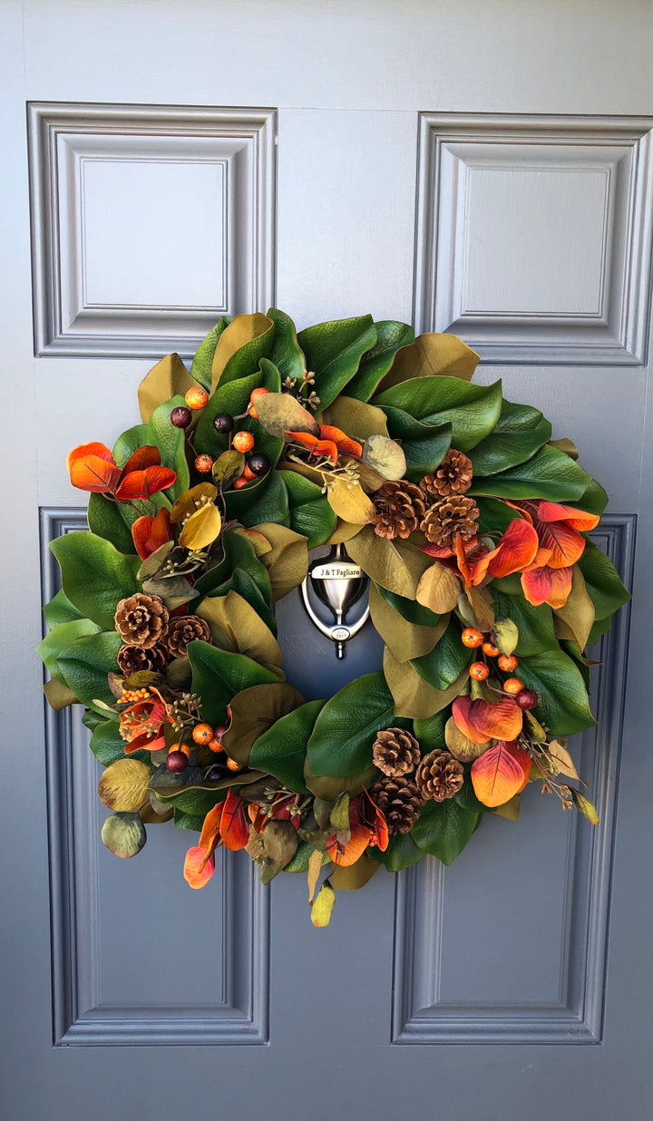 Magnolia fall front door wreath, Autumn magnolia wreath with berries, pinecones and fall eucalyptus, comes in two sizes 21” and 24”