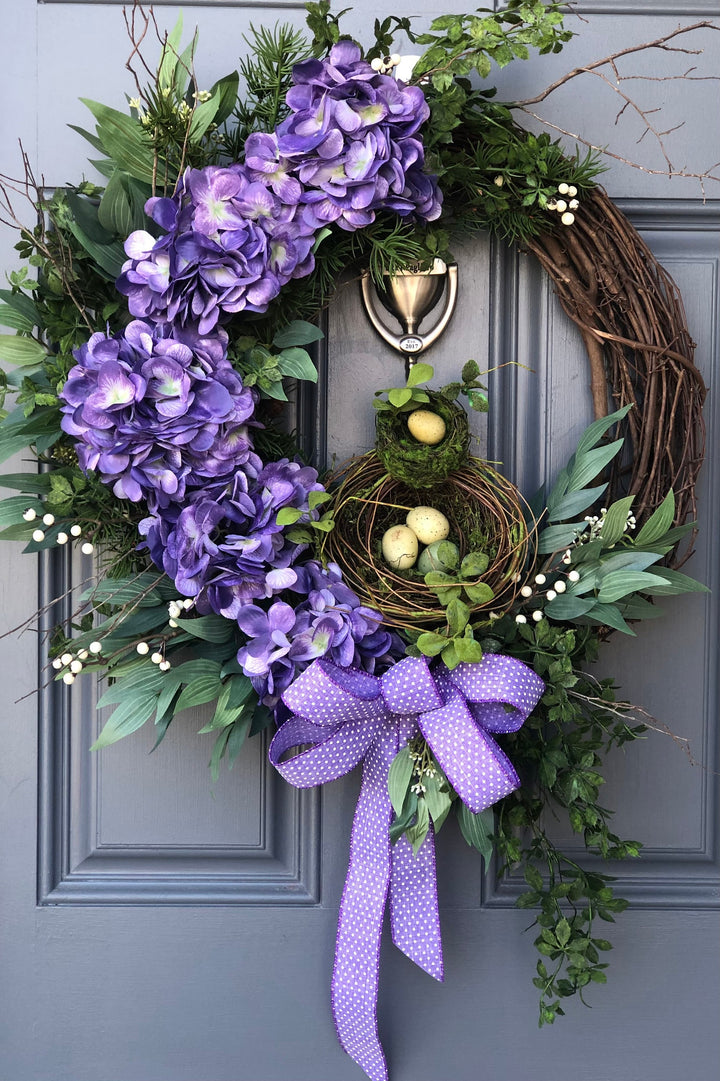 Purple spring front door wreath, purple hydrangeas, farmhouse style, interior wall decor, bird nest with eggs, Easter wreath, porch decor