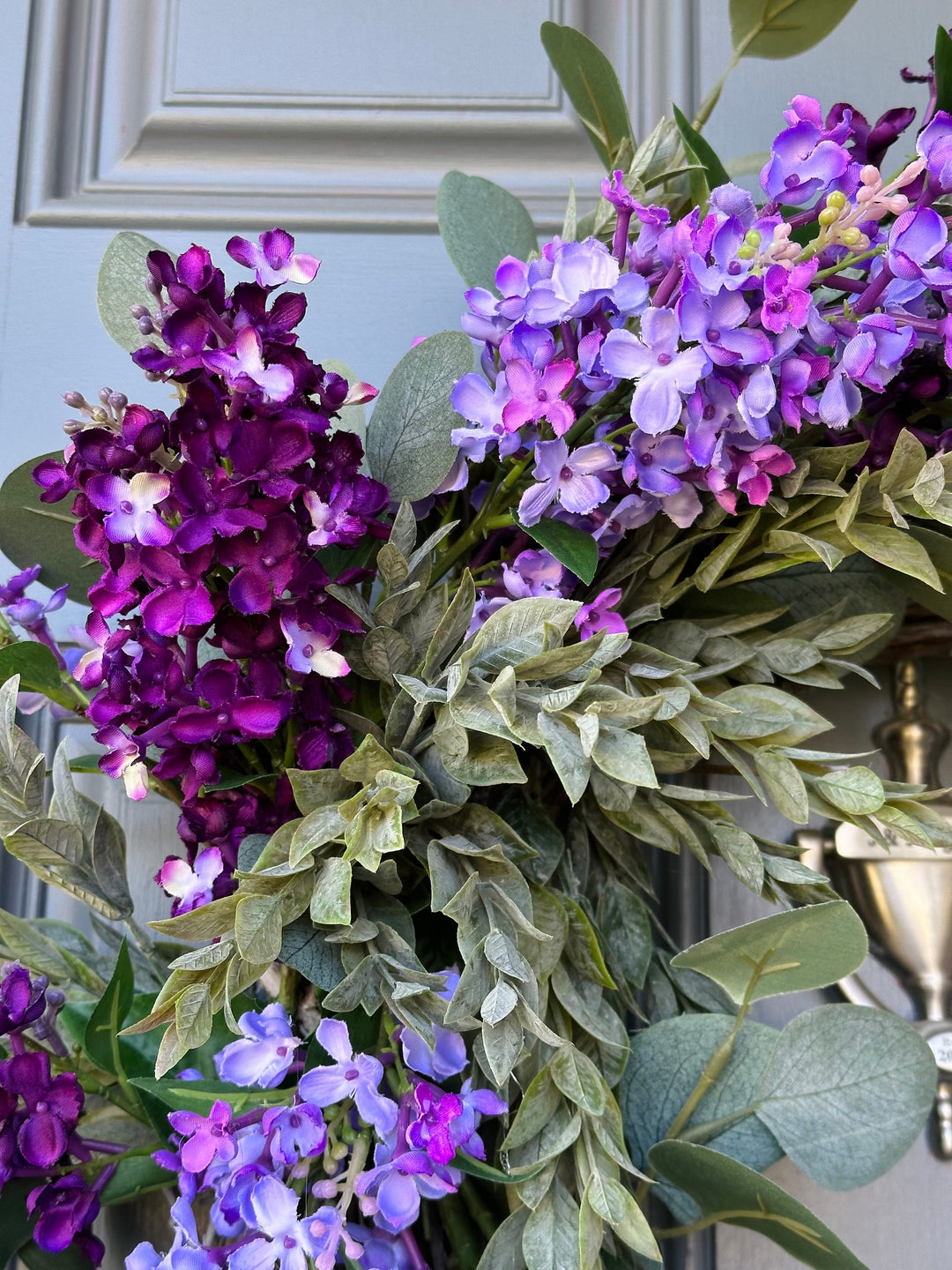 Eucalyptus and lilac front door wreath