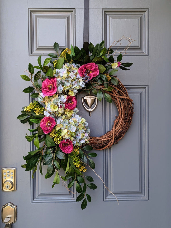 Wreath for front door, hydrangea wreath, summer wreath,  cottagecore design, rustic, farmhouse wreath, Housewarming gift