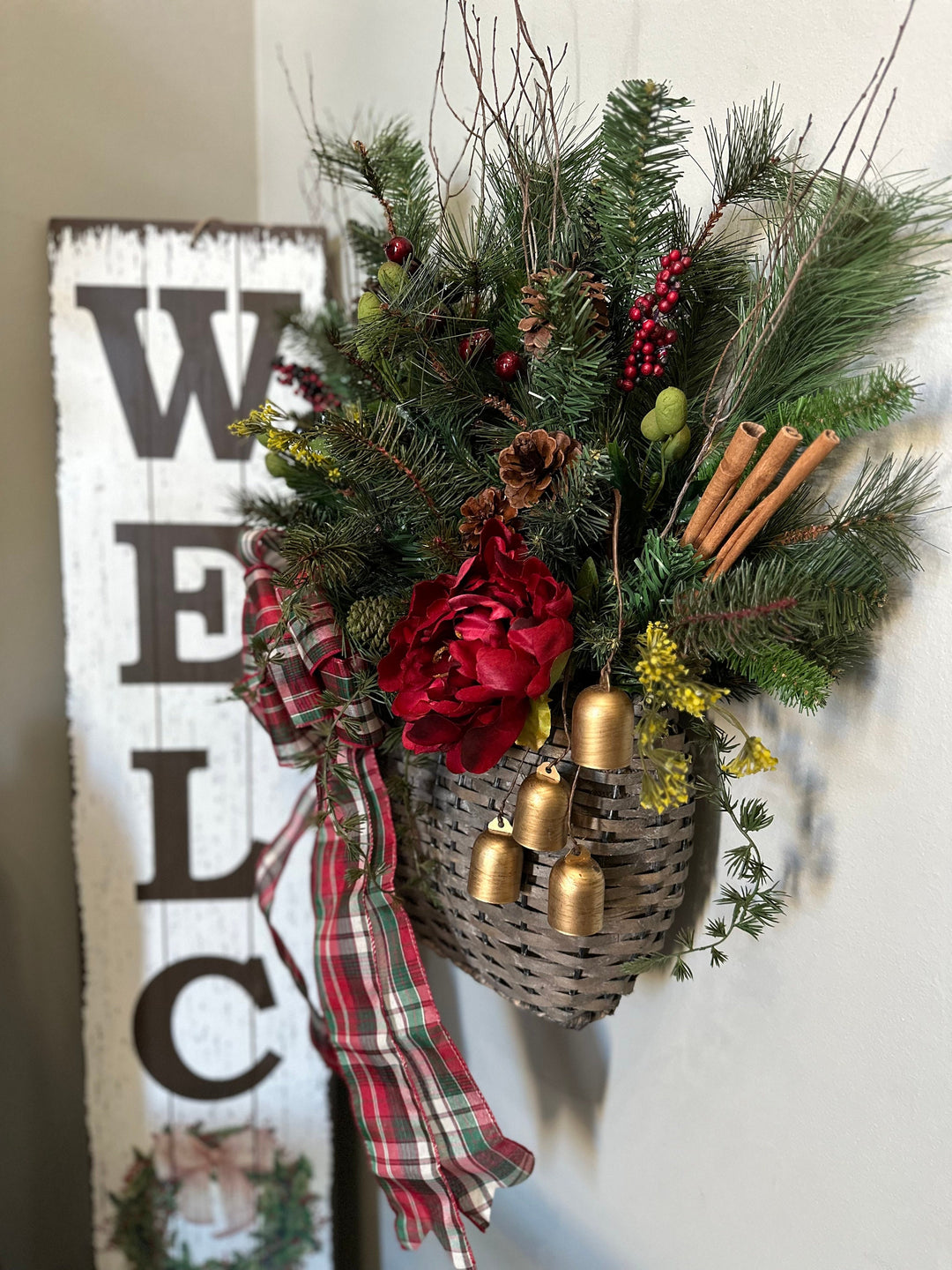 Winter Christmas front door basket wreath perfect for your porch or entryway! This basket has a stunning coordinating wreath.