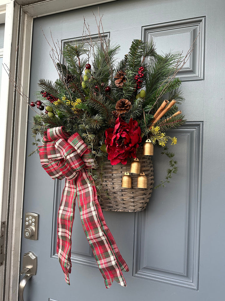 Winter Christmas front door basket wreath perfect for your porch or entryway! This basket has a stunning coordinating wreath.