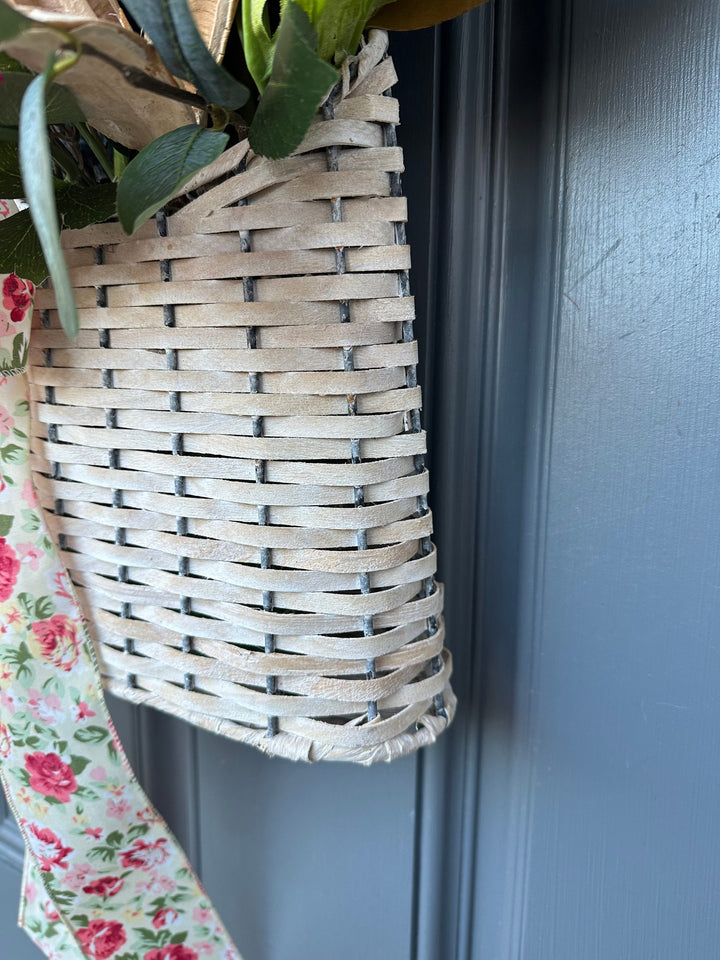 Farmhouse Front Door Basket: Stunning Flowers, Pods, and Ribbon in a Handwoven Wicker Basket