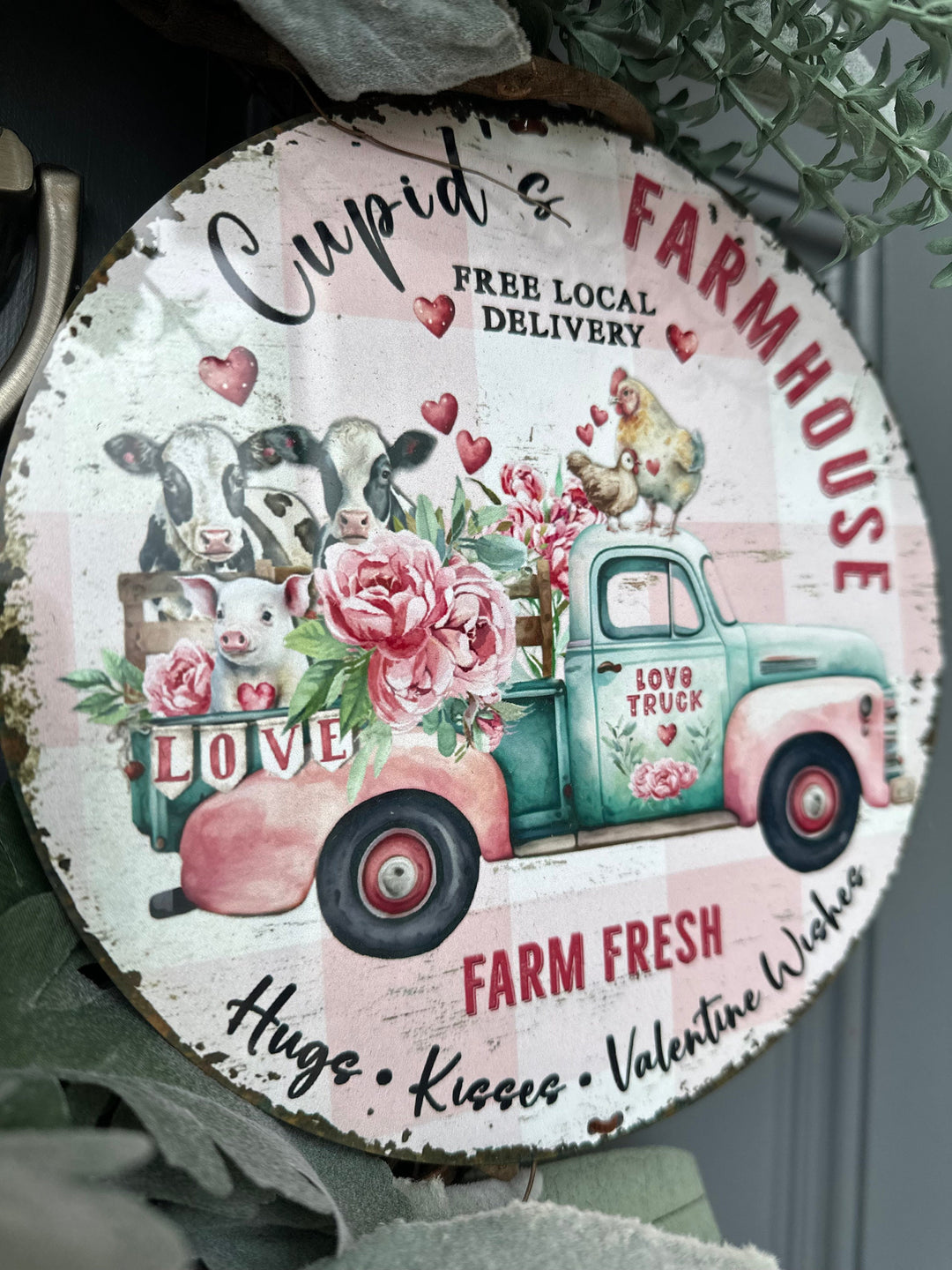 Valentines Day Wreath for Your Front Door with Charming Farmhouse Animals on a Metal Sign, Rustic Country Charm Wreath, One size 21 inches