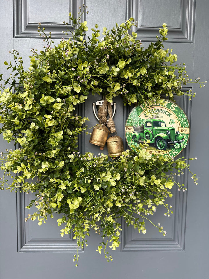St. Patrick's Day Wreath with Eucalyptus and Seedlings, 24", Brass Bells, and Metal Sign nestled in the lush greenery - Lucky Irish Decor
