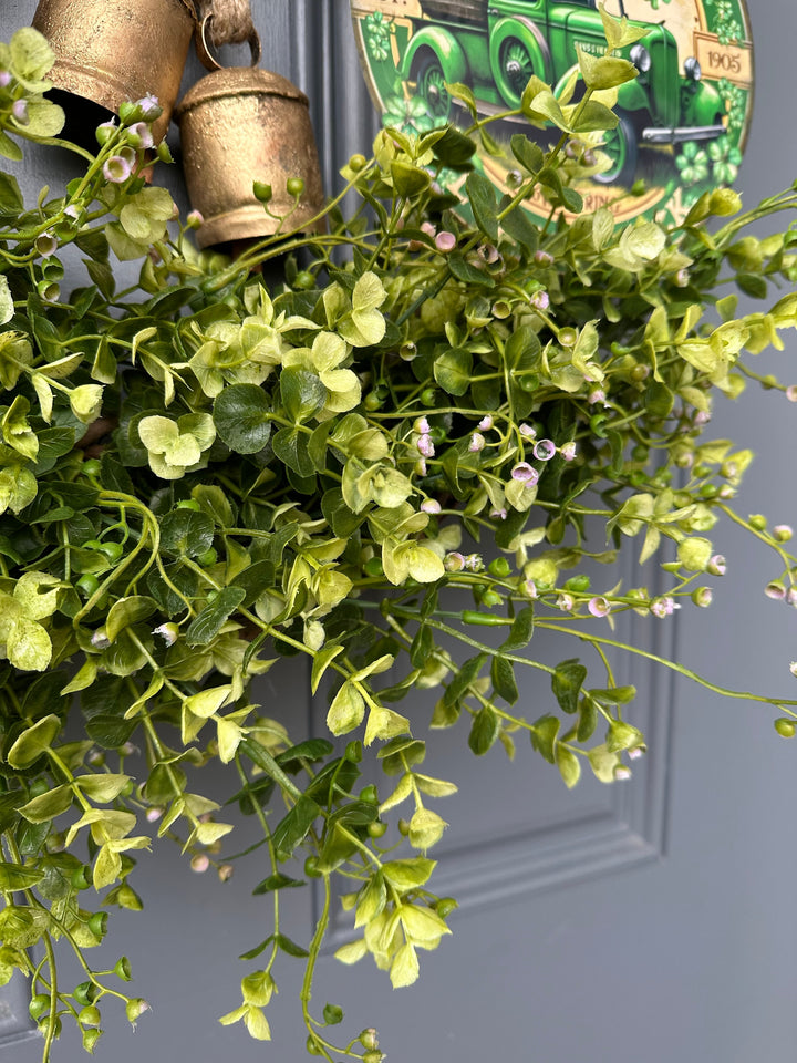 St. Patrick's Day Wreath with Eucalyptus and Seedlings, 24", Brass Bells, and Metal Sign nestled in the lush greenery - Lucky Irish Decor