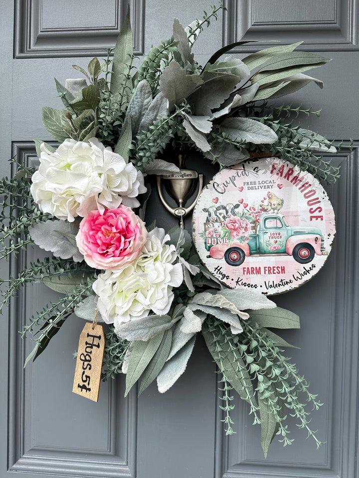 Valentines Day Wreath for Your Front Door with Charming Farmhouse Animals on a Metal Sign, Rustic Country Charm Wreath, One size 21 inches