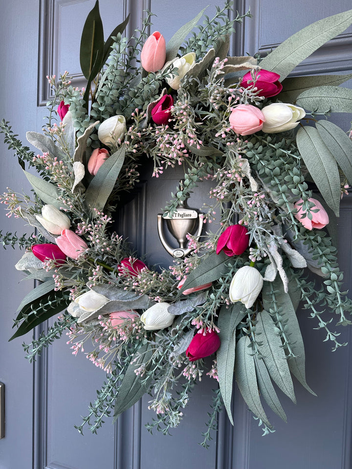 Tulip wreath, Lambs ear wreath with seeded greenery and tulips nestled into a whimsical design, gifts for mom, gifts for her, 20"and 24" !